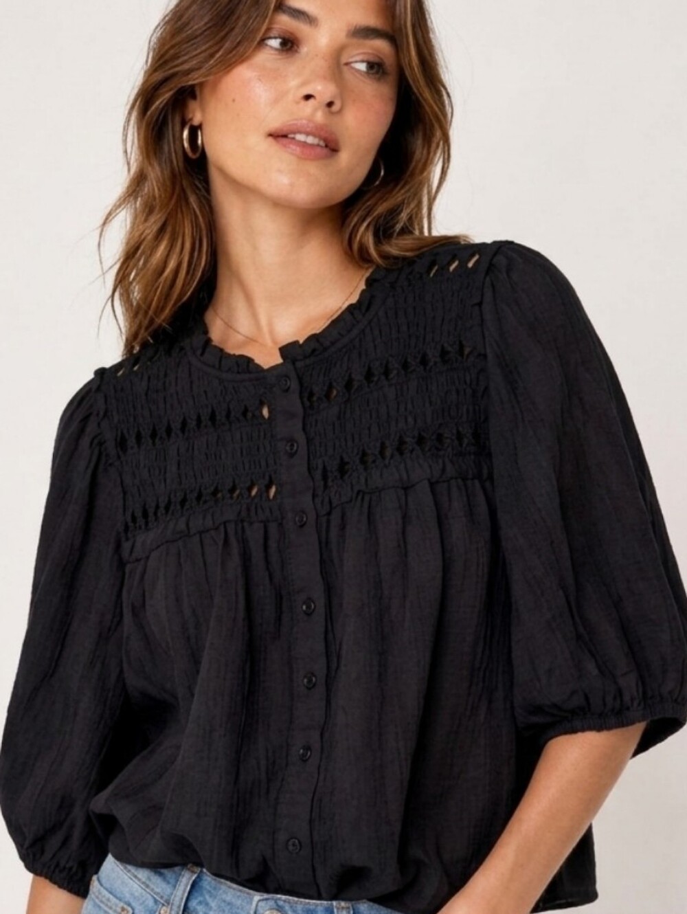 Calypso St. Barth Black Crochet Yoke Button-Down Cotton Top Sz XL - Picture 3 of 11